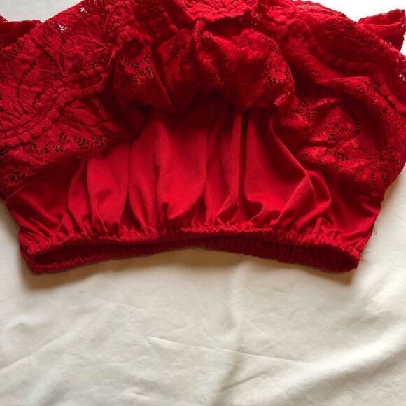 Ambiance Crop Blouse Lace Red M - Picture 7 of 8